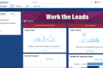 Dashboard interface for Wharton''s "Work the Leads" system, displaying sections for priority tasks, today''s tasks and events, total prospects, and application status.