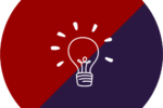 A circle divided diagonally into red and dark blue sections with a white light bulb icon in the center, symbolizing an idea or innovation.