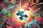 A hand placing a puzzle piece into a brightly lit, colorful puzzle, symbolizing problem-solving or fitting pieces together.