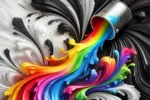 A paint can tipping over, spilling vibrant rainbow colors that artistically swirl and blend with sweeping black and white paint strokes.