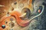 Abstract artwork with swirling lines and geometric shapes in warm tones. It features cubes, grids, and a mix of organic and structured elements.